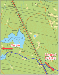 Ny kraftledning nordväst om Lingbo (röd linje), byggs bredvid befintliga kraftledningar där nuvarande skoterled går (blå märkning).
